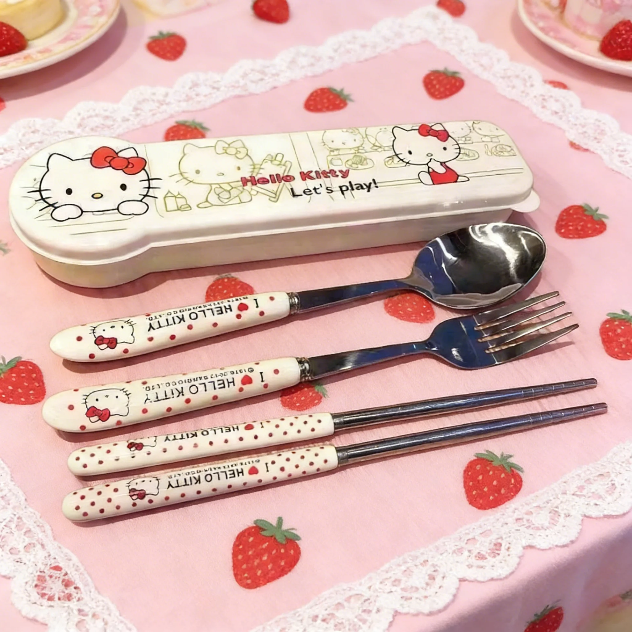 

Sanrio Kawaii Hello Kitty tableware stainless steel chopsticks spoon fork cute anime high-looking portable three-piece set