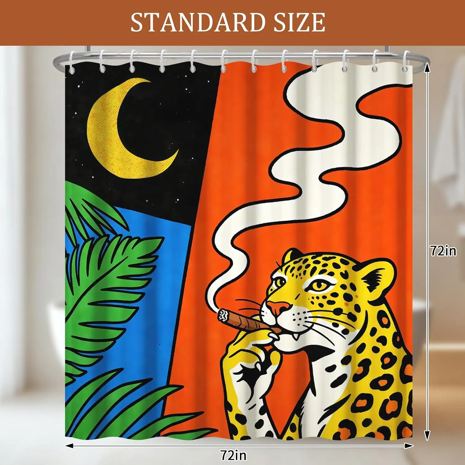 Pop Art Leopard Shower Curtain, Cool Smoking Jaguar Moon Palm Leaf Bold Color Block Retro Graffiti Art Waterproof Bath Curtain