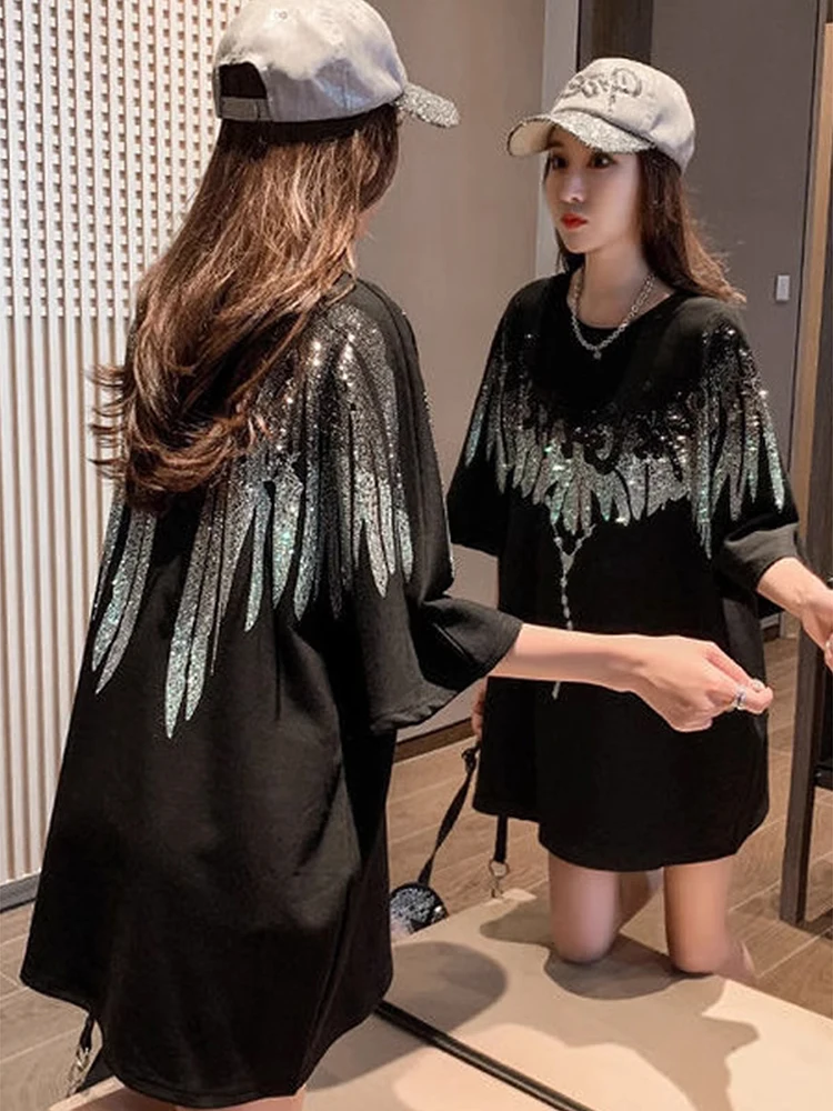

Women Round Neck Novelty Wings Drills Cotton Popular Logo Collar Sleeve Casual T-Shirt Summer Fashion Casual Shiny Top