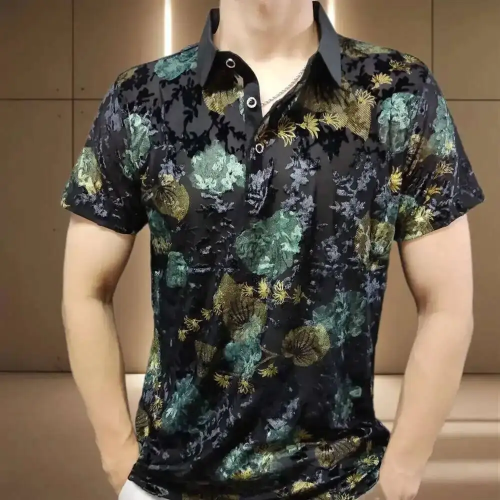 

Luxe Transparent Shirt Black Gold Abstract Pattern Lace Sexy Polo See Quality Men Through Social Club Summer Short Sleeve Polo