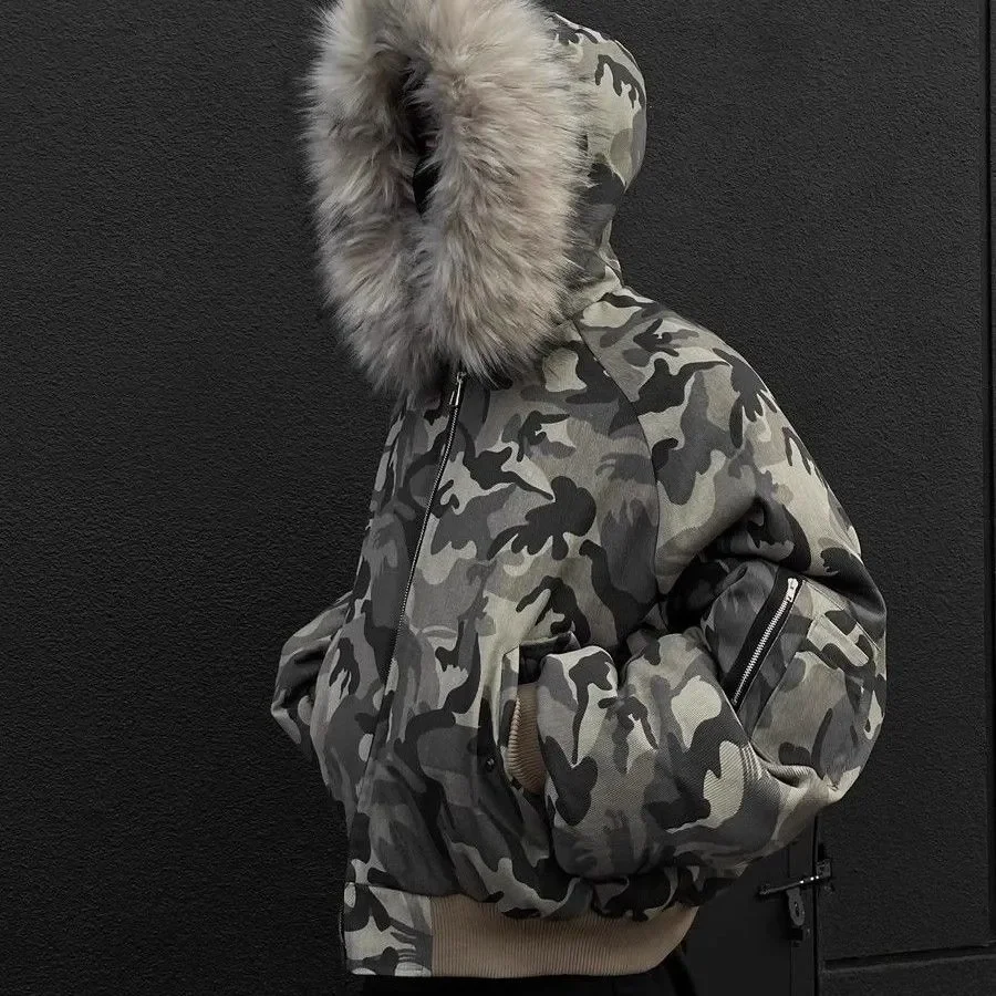 النمط الأمريكي التمويه الفراء طوق مقنعين مكافحة الباردة الشتاء معطف الشتاء 2025 الدافئة فضفاض جاكيت من الصوف العصرية رجالي معطف سميك #4