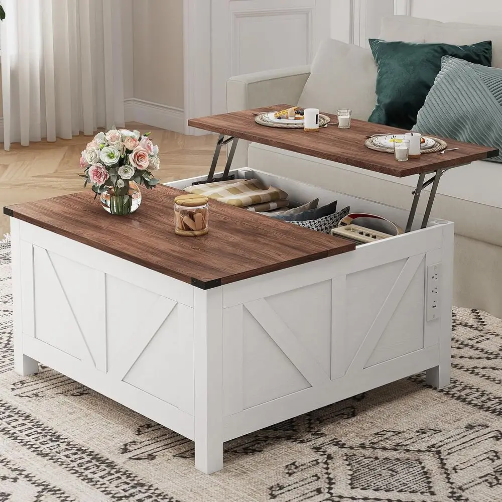

Farmhouse-Style Lift-Top Coffee Table with Storage, White and Walnut Finish, Ideal for Living Room
