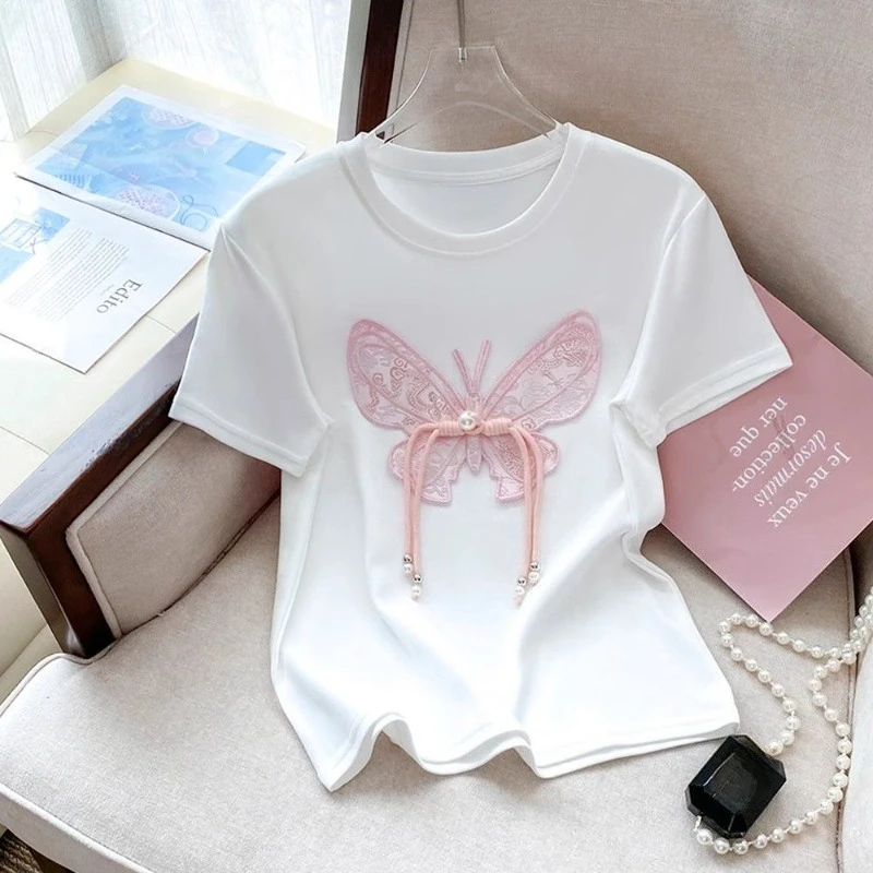 Women's White Embroidery Butterfly T-Shirt with Pink Accents Bow Casual Summer Top for Daily Outings, Soft Fabric Relaxed Fit
