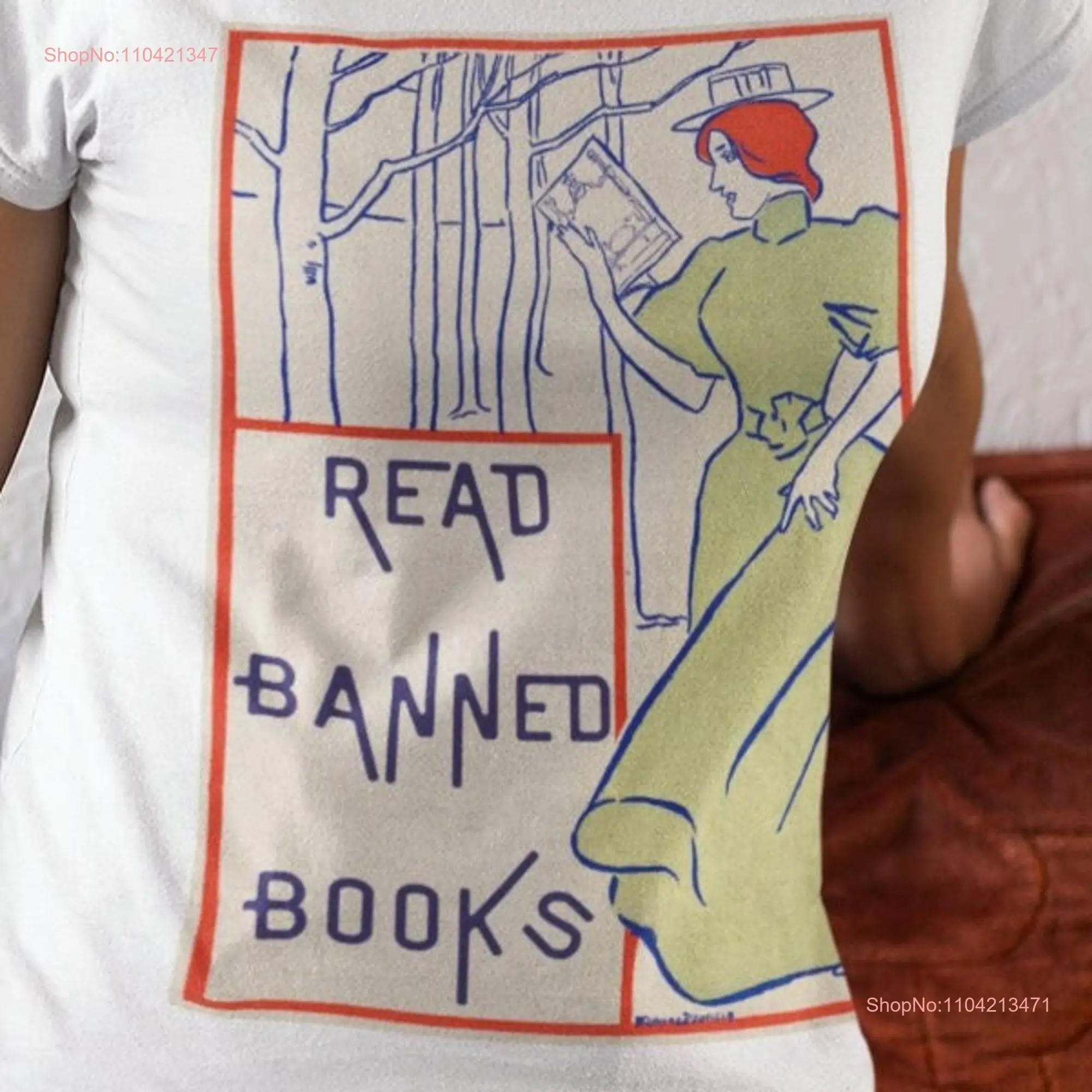 Defy Censorship Woman in Green Dress Reading a Banned Book Organic Cotton Vegan T Shirt long or short sleeves