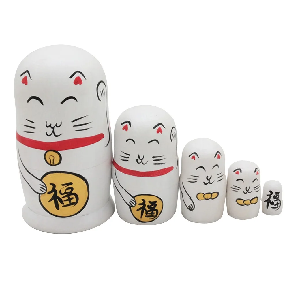 

5 Pcs Nesting Dolls Adorable White Fortune Cat Russian Stacking Dolls Collection Toy nesting cat dolls