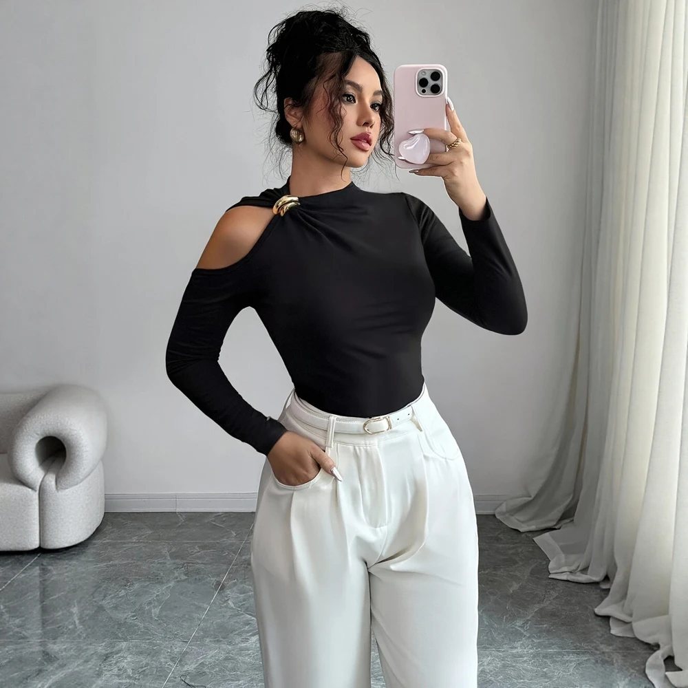 

Классическая прямая футболка с длинным рукавом для поездок на работу, осенний модный повседневный женский топ, удобный крой