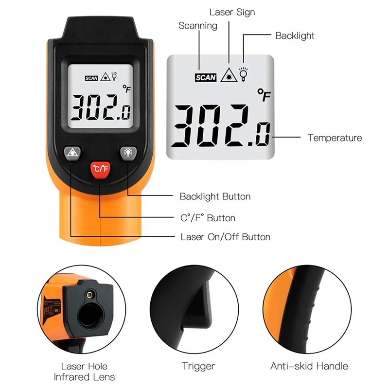 AT63-Laser Infrared Thermometer-50° C To 400° C(-58° F To 752° F) For Kitchen Digital Temperature Measurement Of Objects And Wat
