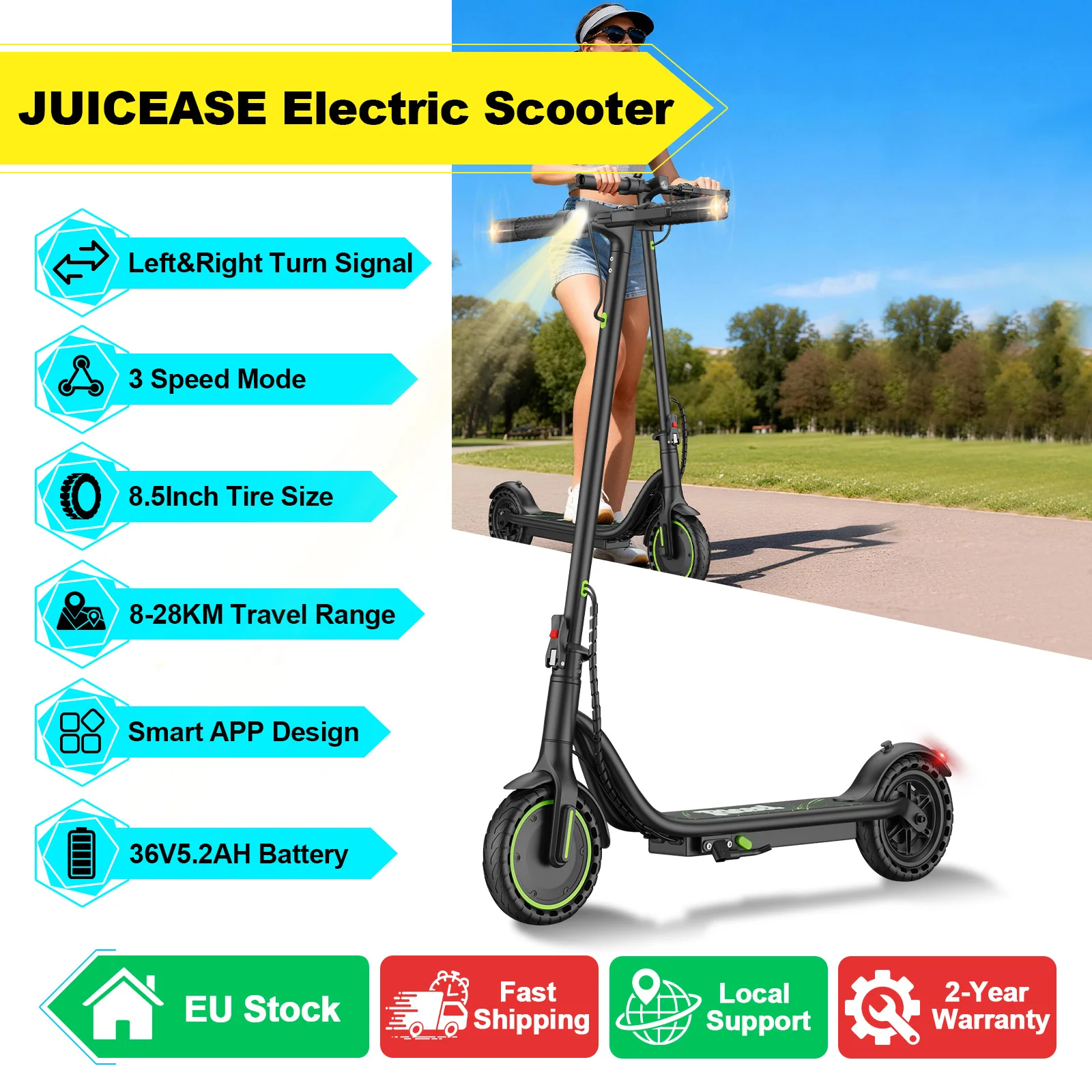 JUICEASE Green Motor Elektroroller 2026 Upgrade 36V 8,5 Zoll Blinker Elektroroller für Erwachsene mit App-Steuerung 30KM Reichweite E-Scooter