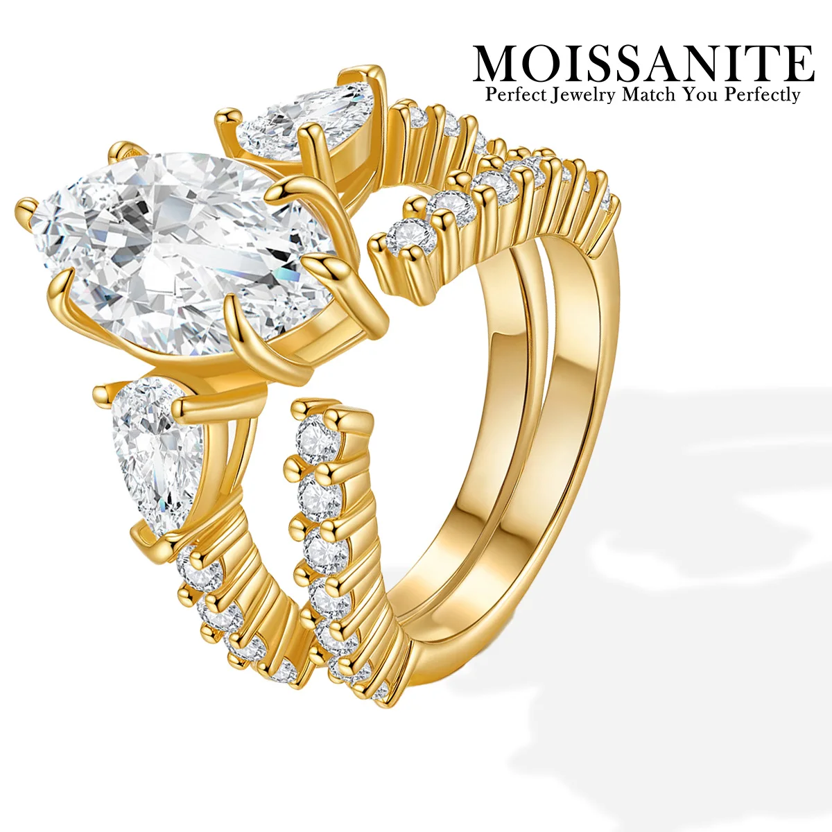 

3pcs 8CTW Moissanite Ring Set Marquise Cut with Side Stones 925 Sterling Silver 18K Gold Plated Comes with GRA Certificate