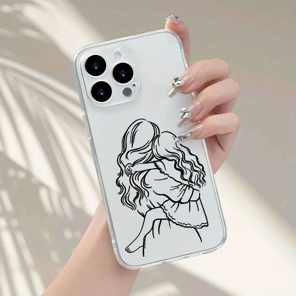 1 pièce Coque de téléphone transparente anti-chute à motifs de dessin au trait noir représentant une étreinte mère-fille, compatible avec iPhone 11 12 13 14 15 16 17 Pro Max Xr X/Xs 7 8 Plus Se et autres smartphones, cadeau d'anniversaire idéal, convient aux hommes et aux femmes