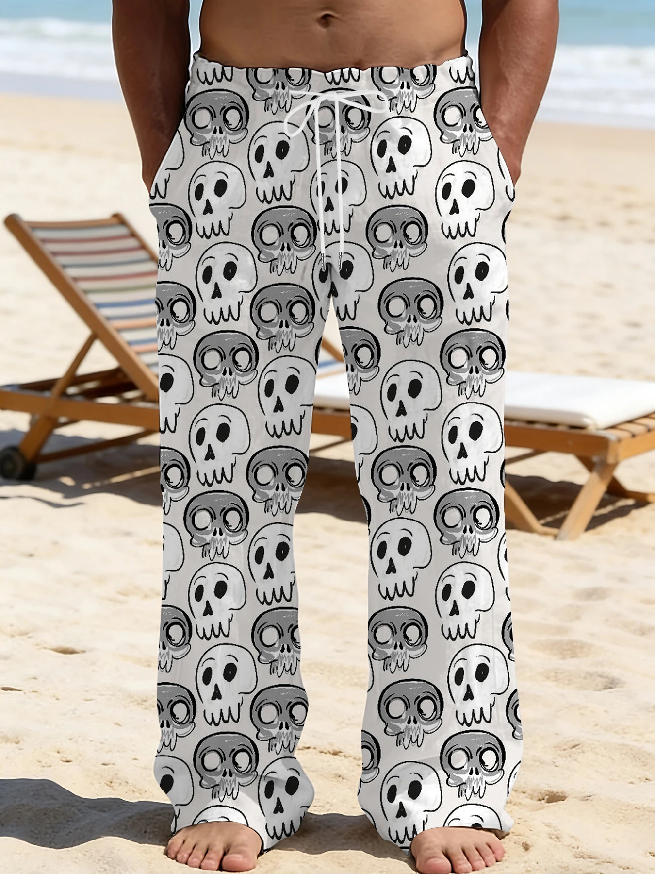 

2026 Men's Printed Straight Leg Pants Abstract Wave Design Drawstring Waist Loose Fit Summer Beach Casual Lightweight Trousers