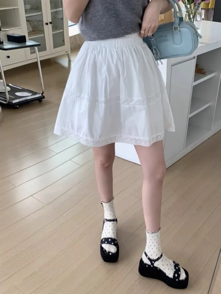

Белая кружевная пышная юбка с высокой талией, женская юбка трапециевидной формы, корейская юбка с высокой талией, дизайн для похудения
