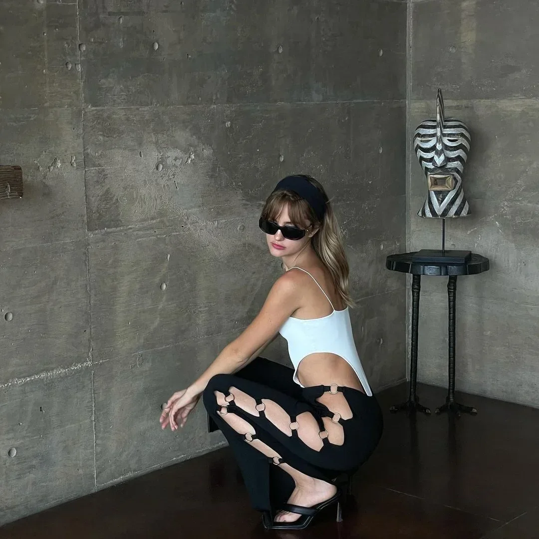 2025 été Sexy discothèque ajouré anneau fendu boucle Slim Fit pantalon Sexy creux femmes pantalon grande taille 9XL 8XL 7XL 6XL XXXXXL