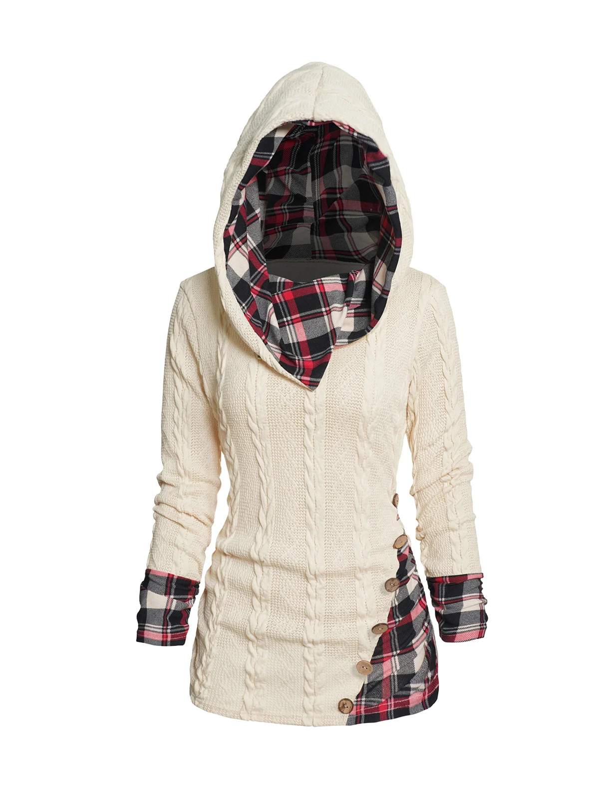 Dressfo Women's Top Fall Winter Twisted Cable Knit Plaid Print Hooded Sweater Mock Button Ruched Shawl Neck Sweater