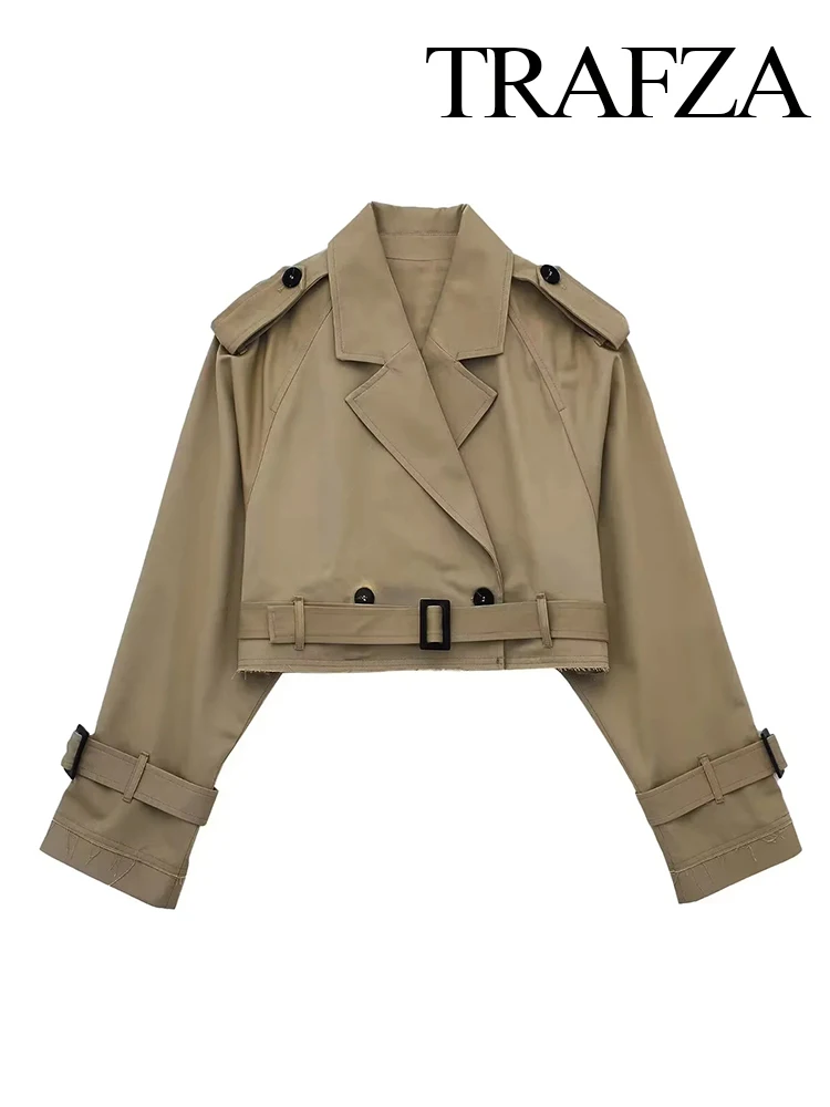 TRAFZA Spring Sutumn Women Fashion Cropped Trench With Belt For Female Long Sleeve Lapel Collar Jacket Single Button Streetwear