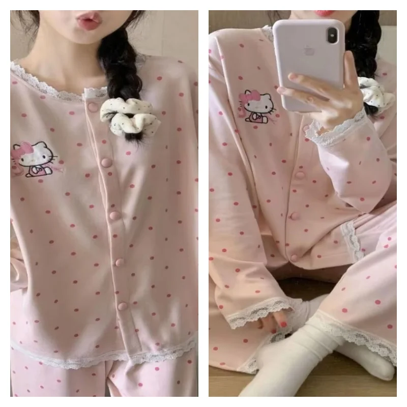 

Женский флисовый пижамный комплект Hello Kitty, зимний теплый толстый плюшевый домашний костюм, милый комплект ночного белья в горошек, модный трендовый комплект для сна в стиле каваи