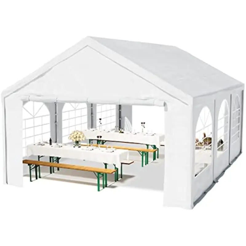 10x20 ft white outdoor event canopy with galvanized steel frame, PE 450 roof tarp, welded seams, modular side walls, round-arche