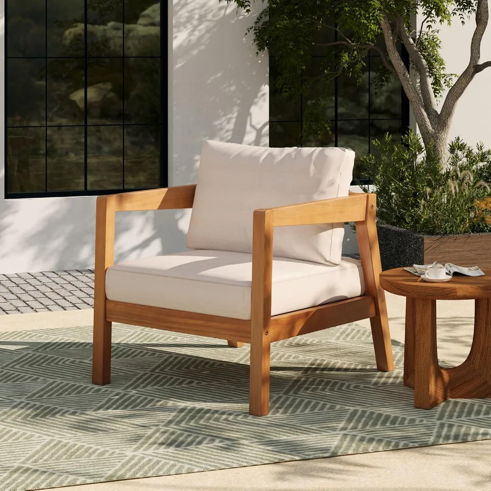 Acacia Wood Outdoor Lounge Chair with Removable Cushion and Open Frame Design