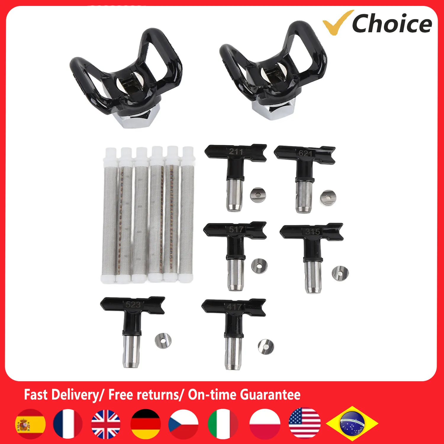 

6 Pcs Airless Spray Tip Set Black Hard Wearing Anti Leakage Airless Spray Nozzles with Filters and Guards for Water Based Paint