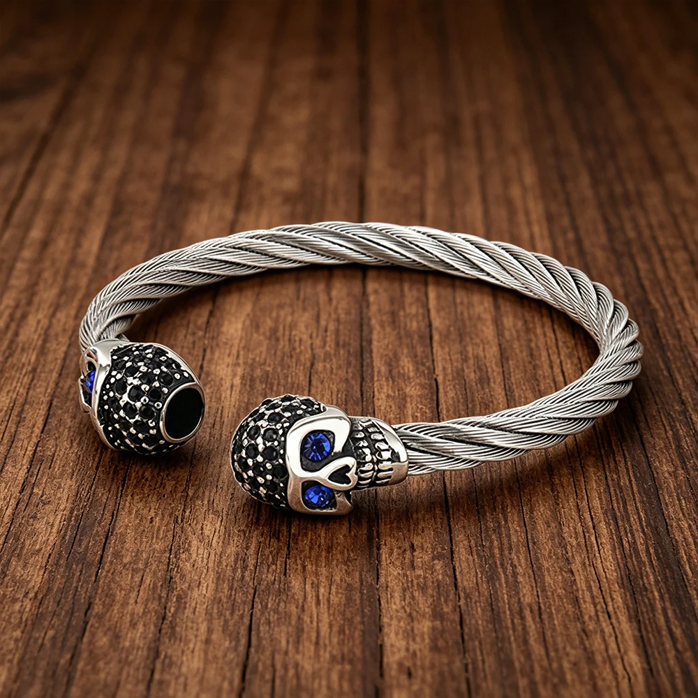 Edelstahl Doppel-Totenkopf Armband Vintage Skelett Offener Armreif für Männer Frauen Punk Rock Biker Schmuck Bestes Geschenk Dropshipping – Detail 6