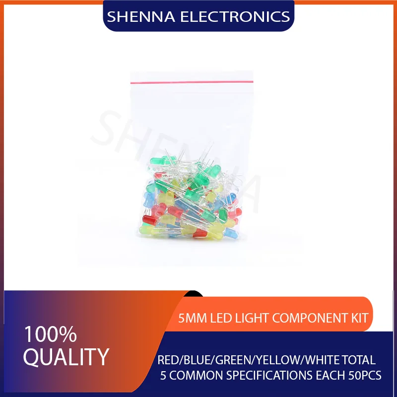 Light Emitting Diode 5MM LED Light Component Kit Red, Green, Yellow, Blue and White 50pcs each 250pcs total