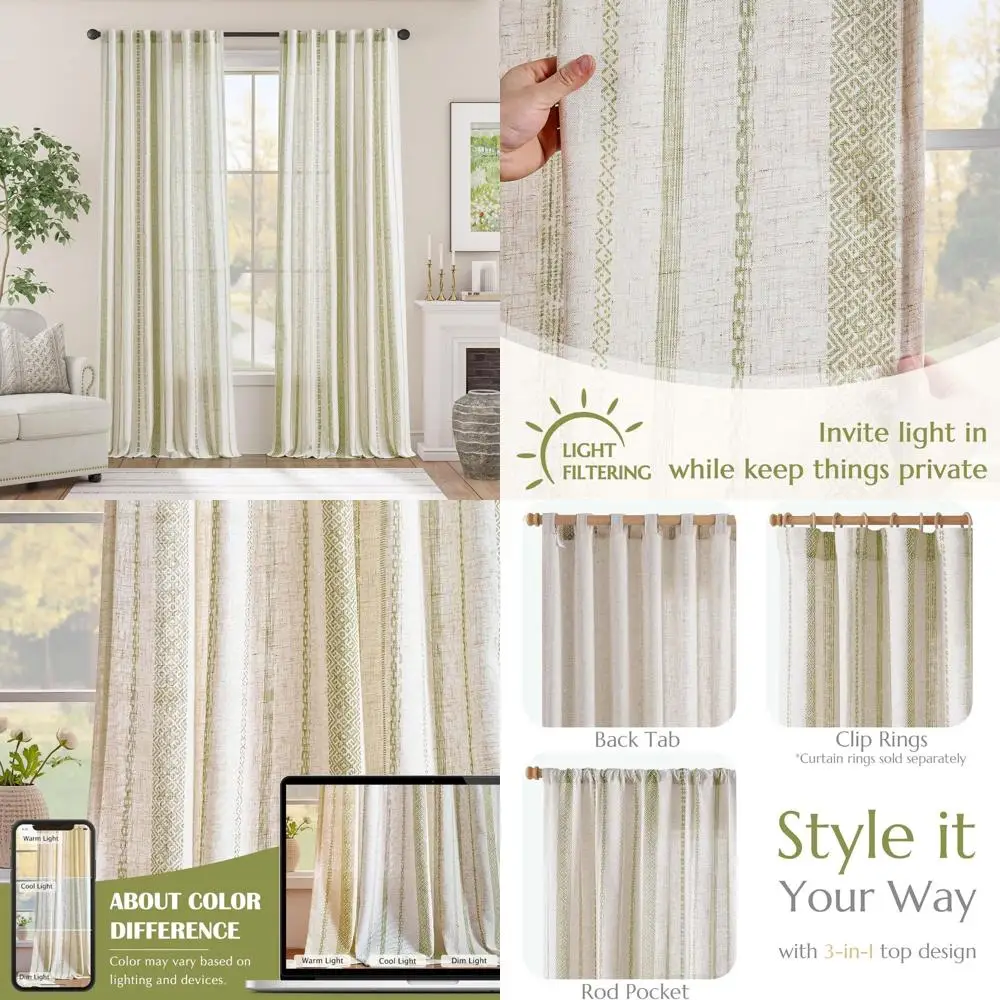 

Beige Boho Curtains with Green Geometric Prints, 96 Long, Light Filtering, 2-Panel Set for Living Room