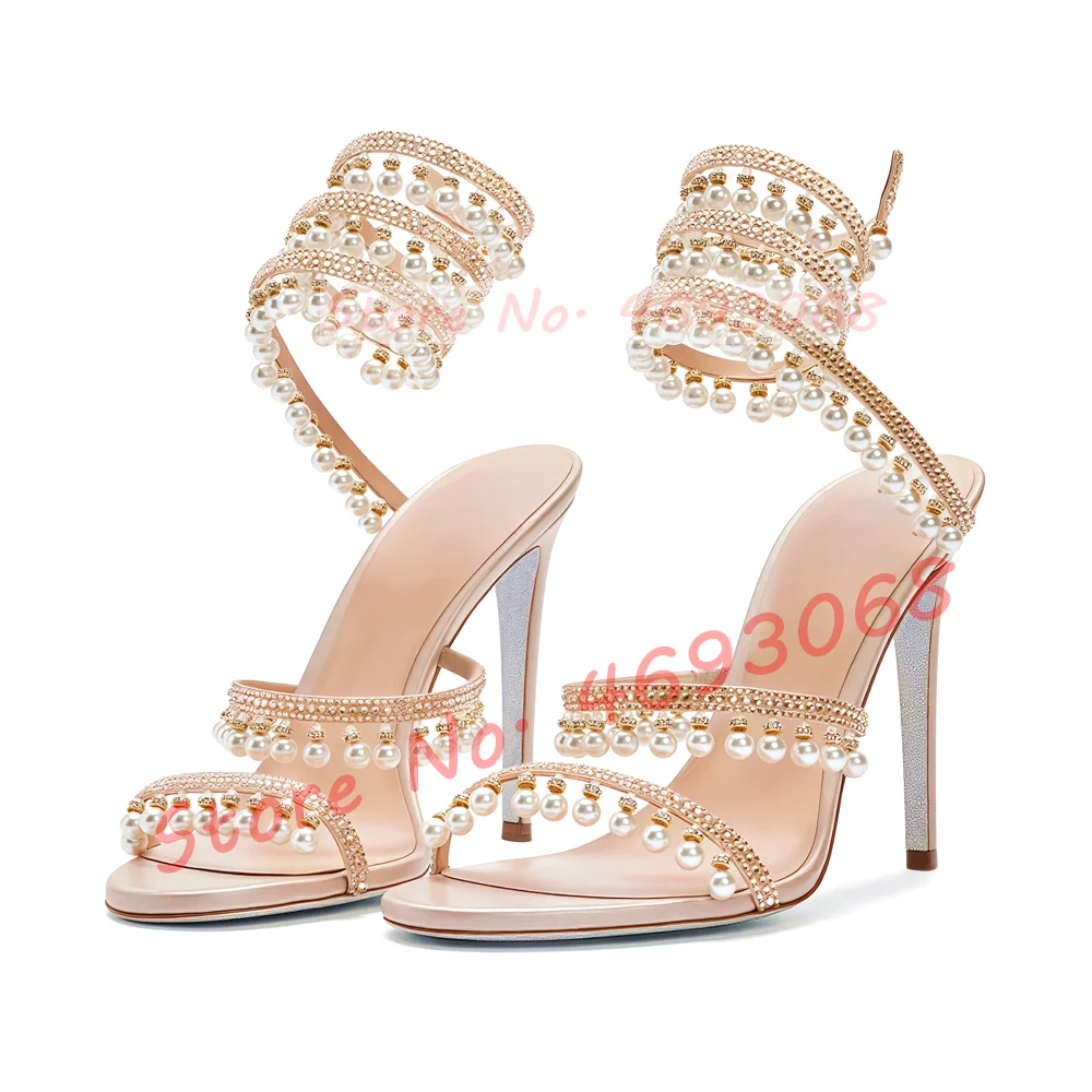 

Pearl Pendant Crystal Strap Stiletto Sandals Women Luxury Snake Wrap High Heel Sandals Ladies Trendy Beige Satin Evening Shoes