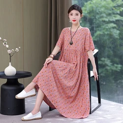 Cotton Silk Dress 6XL Large Size Summer New Women's Floral Printed Long Dress Mother Clothes Korean Loose Casual Maxi Dresses