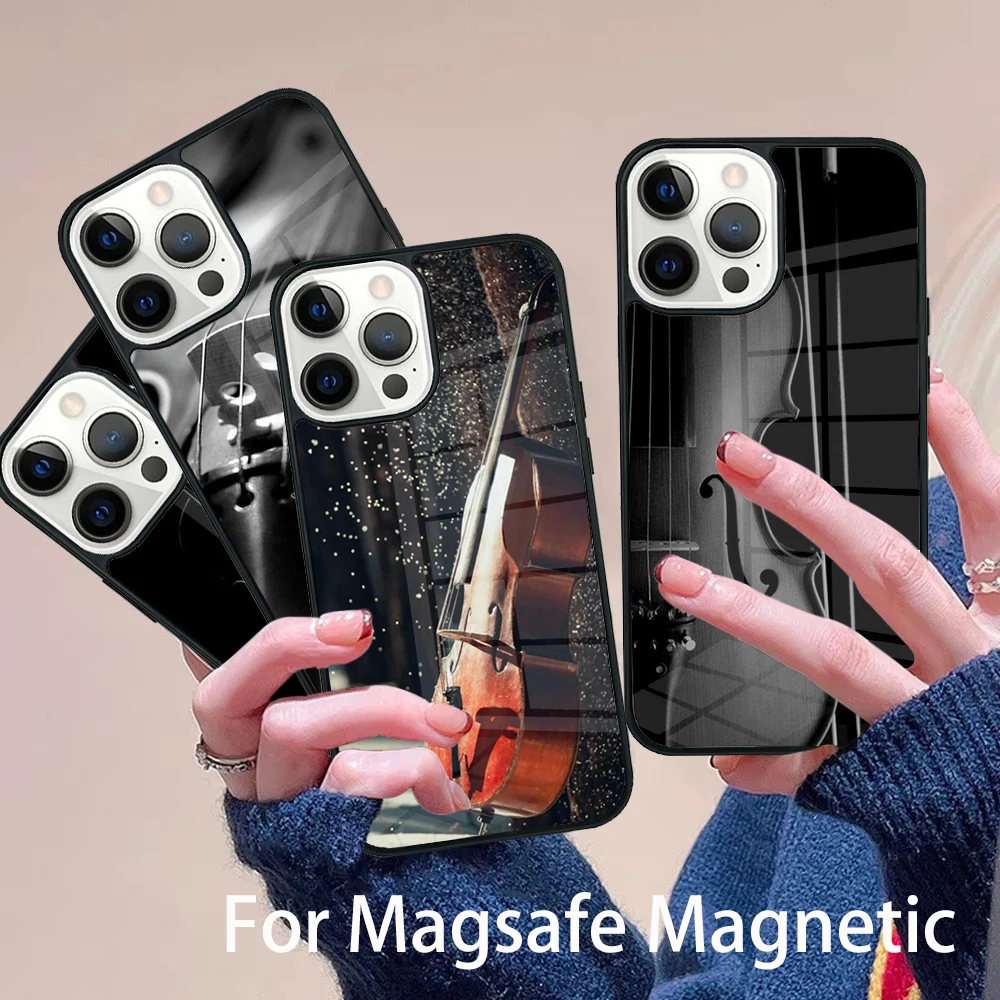 

Black And White Violin Cello Phone Case Magesafe Magnetic Wireless Charge Cover For IPhone 16 11 12 13 14 15 Pro Max Plus Mini
