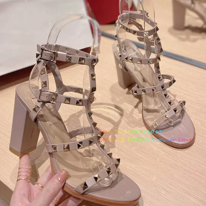 Rivet Round Head Thin Strap Sandals Women T-Strap Studded Open Toe Thick Heel Slingback Leather Nude Party Dress Shoes