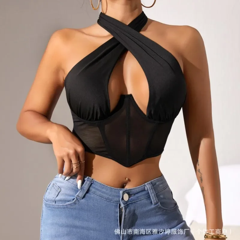 Sexy Fishbone Steel Ring Outerwear Backless Crossbody Strap Vest Mesh Wrap Chest Brand None Polyester Fiber Origin