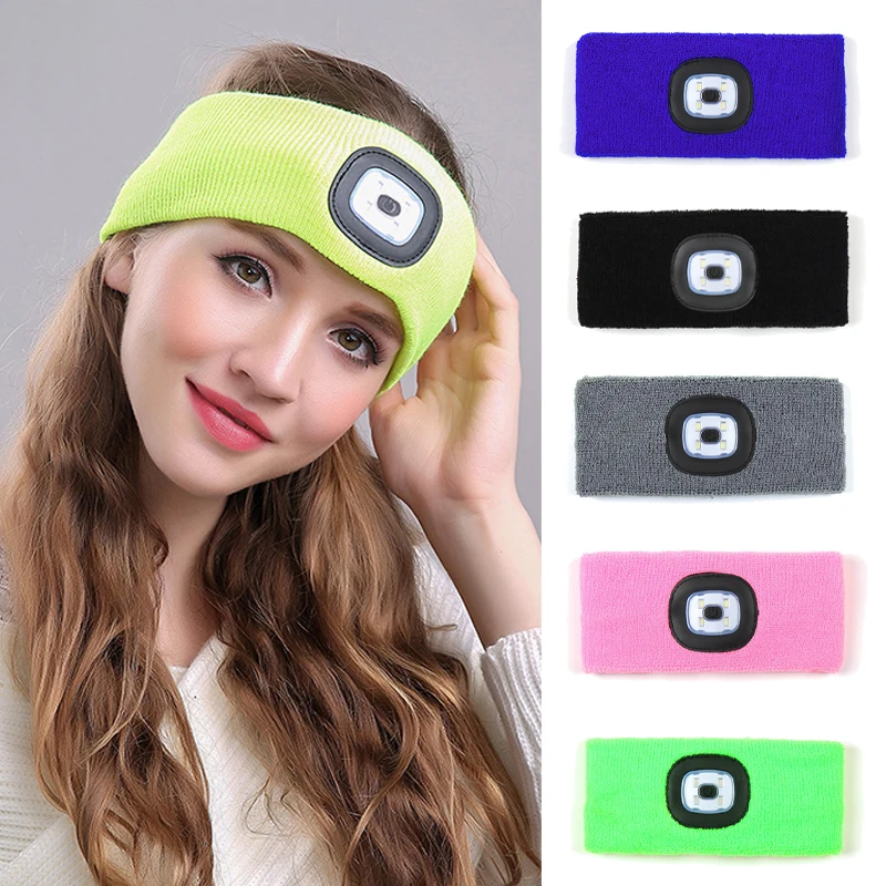 Lighted Sports Headband Autumn Winter Warm Elastic Knitted Headwrap Unisex Led Headlight Hair Hoop Night Running Light Headbands