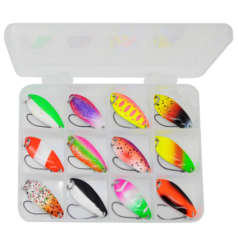 Fishing Lure Colorful Spoons 12 Pieces Set Metal Artificial Lures Hard Bait Single Hook 3g 3.1cm