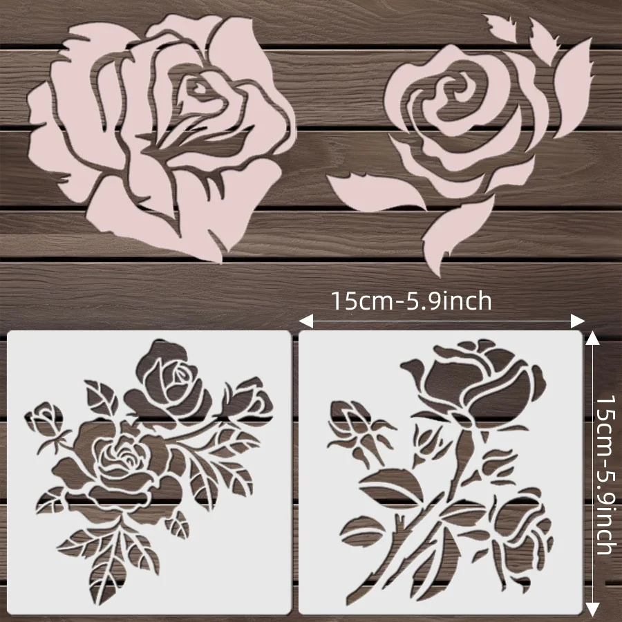 مجموعة استنسل زهرة الورد - قوالب رسم PET قابلة لإعادة الاستخدام للديكور DIY (4 قطع)