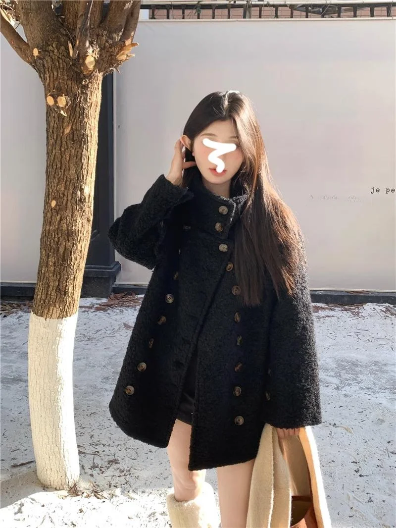 Retro Black Double-Breasted Furry Coat Women's Autumn Winter Loose Long Stand Collar Woolen Coat Korean Style Commute Fashion