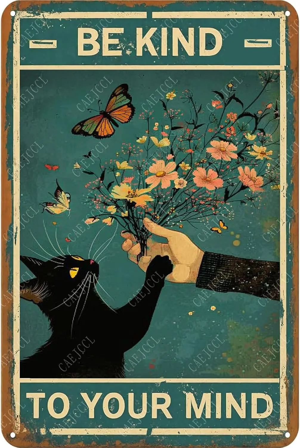 Funny Metal Sign Flowers Cat Be Kind To Your Mind Hand Vintage Aluminum Tin Signs Retro for Home Living Room Bedroom Farmhouse C