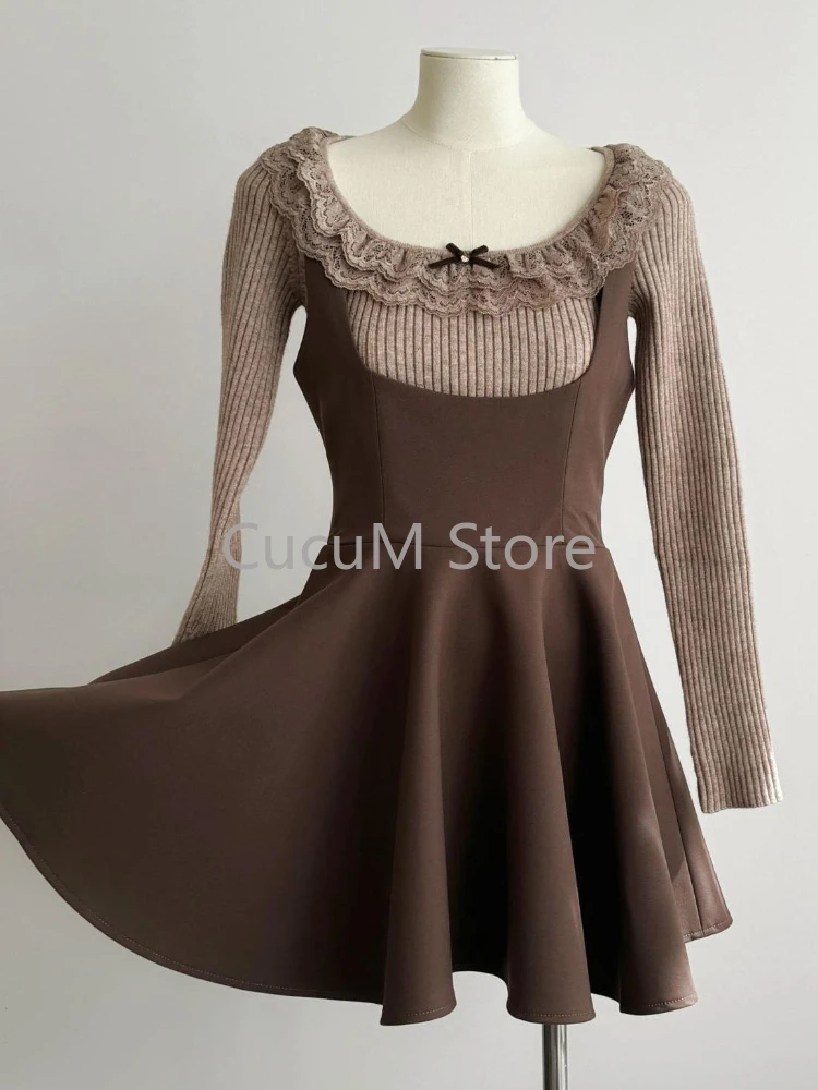 French Elegant 2-częściowy zestaw sukienek Slim Bodycom Knitting Blouse + High Waist Solid Y2k Mini Dress Korean Fashion Suit 2024 Autumn