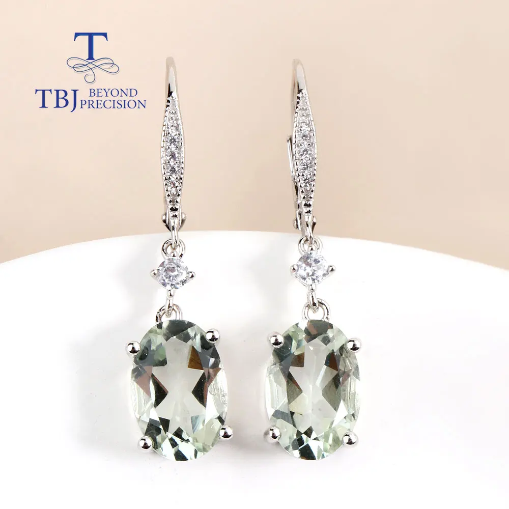 Fashion Long clasp earring natural green Amethyst oval 8*12mm gemstone earrings 925 sterling silver fine Jewelry for women