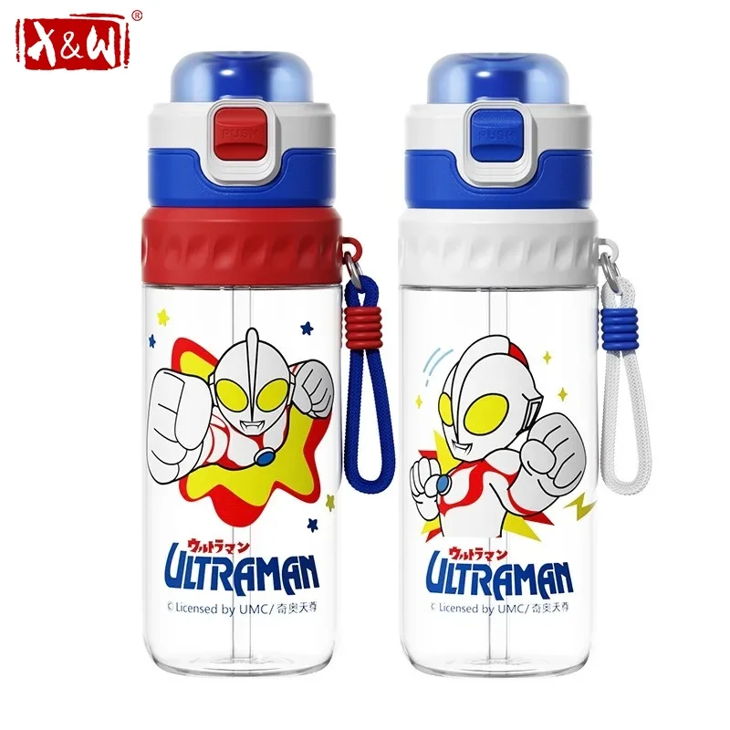 X&W for Ultraman 750ML Cartoon Space Cup Leak-proof Straw Water Bottle with Spray Nozzle Double-drinking Sports Bottle for Kids