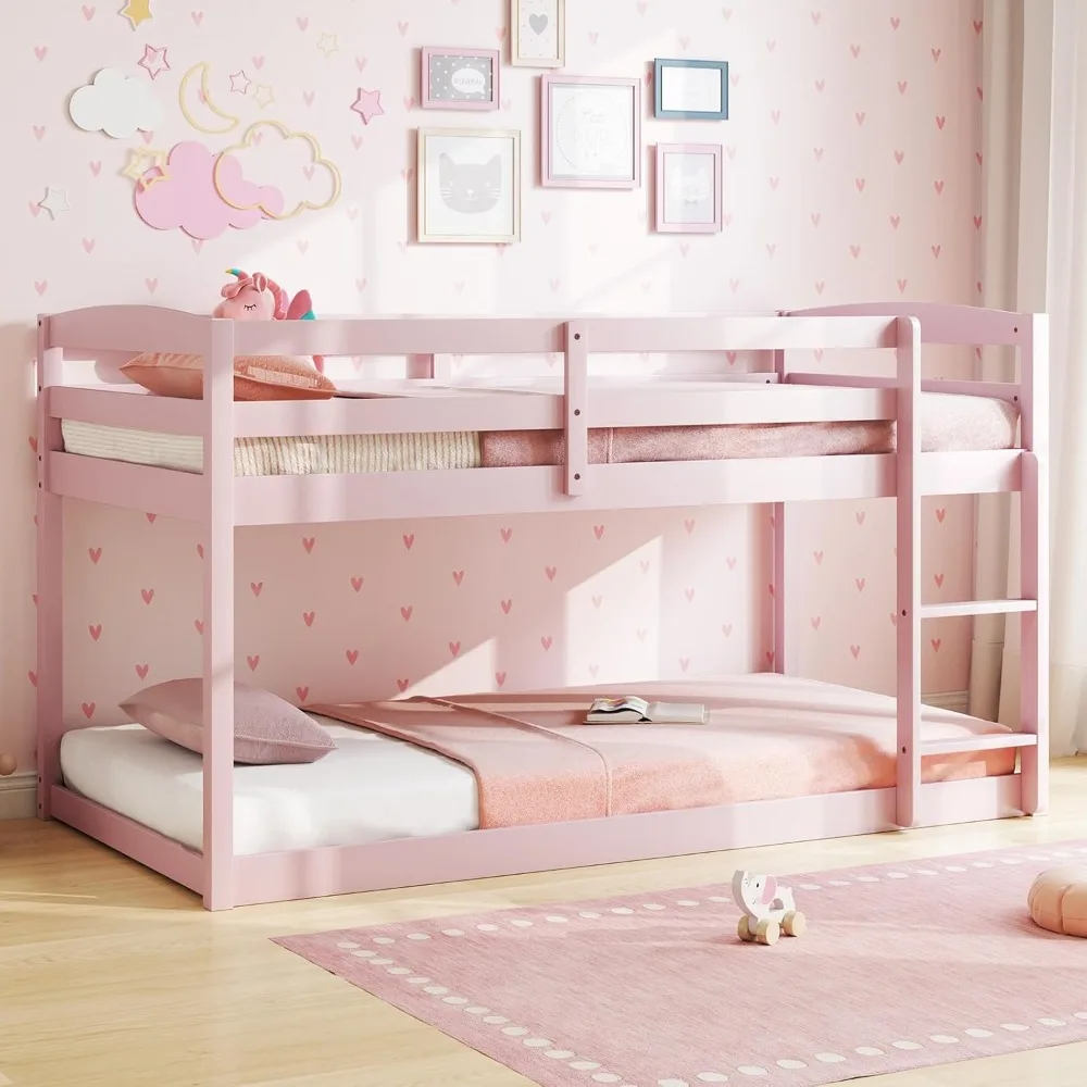 

Bed Twin Over Twin, Low Wood Bunk Bed Frame w/Safety Guardrails, Ladder & Slats, Floor Platform Twin Bunk Beds for Kids To