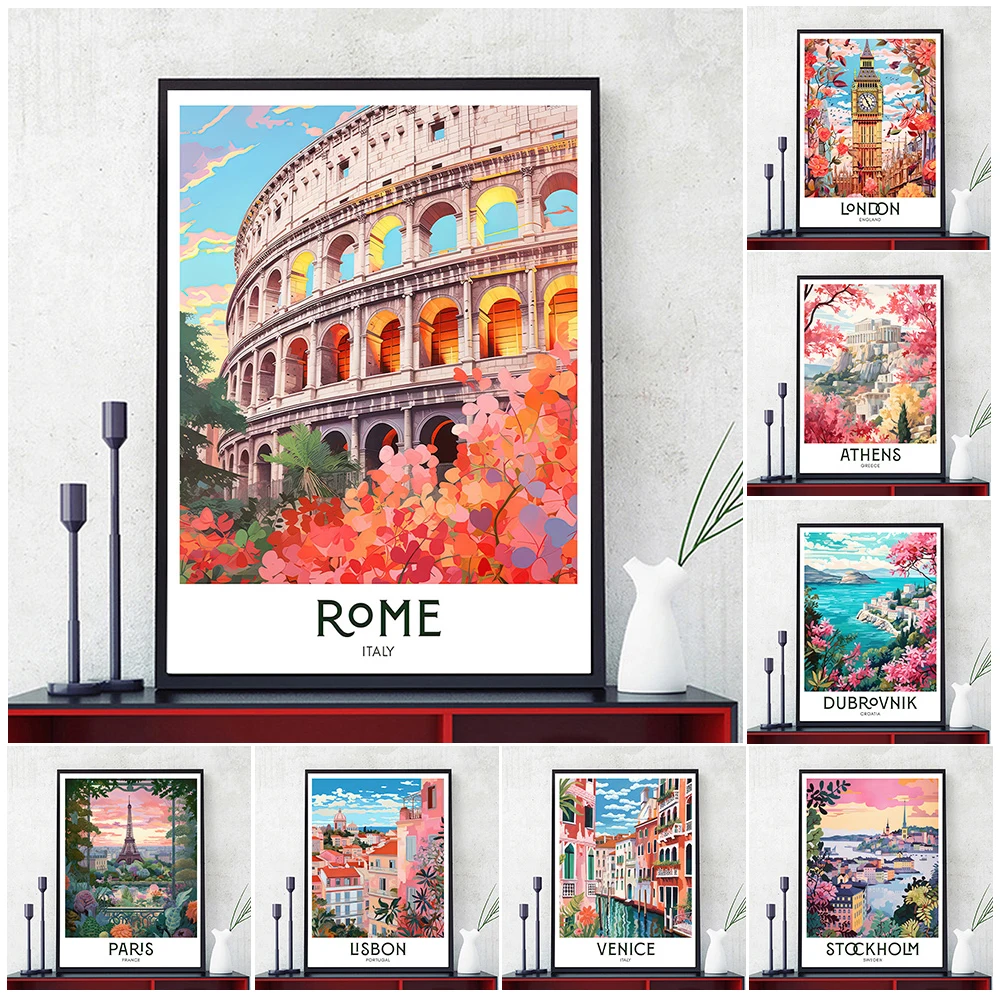 

Retro European Travel Wall Art Colorful Prints Athens Rome Berlin Lisbon Paris City Art Vintage Poster For Gift Home Decor