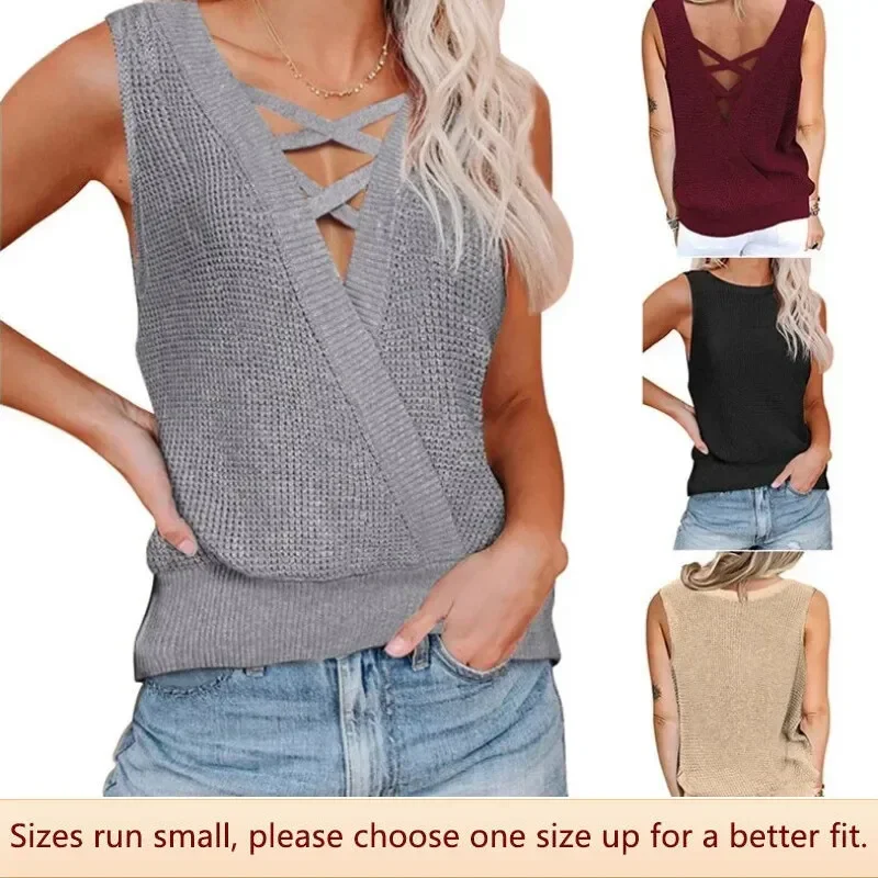 2024 Spring/summer New Knitted Sweater Top Waffle Check V-neck Open-back Vest/t-shirt