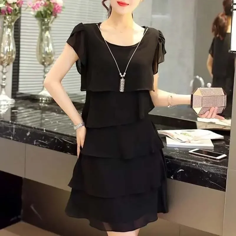 2024 Dress for Women Summer Wave Cut Ruffle Sweet Solid Short Sleeve Slim Dresses Lady Casual All-match Vestido O-Neck Chiffon