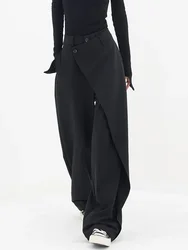 Calça de perna larga de cintura alta feminina, patchwork irregular, preto, comprimento total, calça reta, moda casual, primavera, 2021