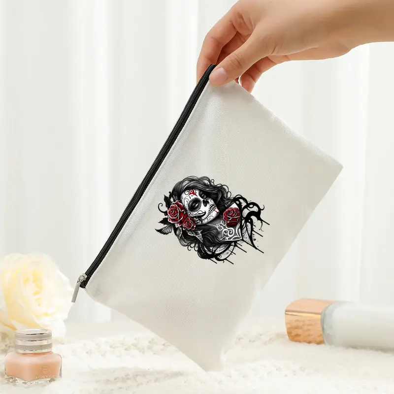 Day of the Dead Sugar Skull Woman Canvas Cosmetic Bag Red Rose Skull Print Zipper Pouch Portable Makeup Storage Halloween Gift