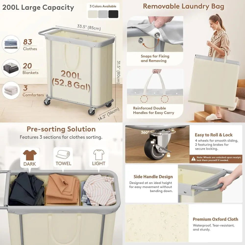 

Прокатная трехсекционная корзина для белья с колесиками и съемными сумками для организации дома - белая