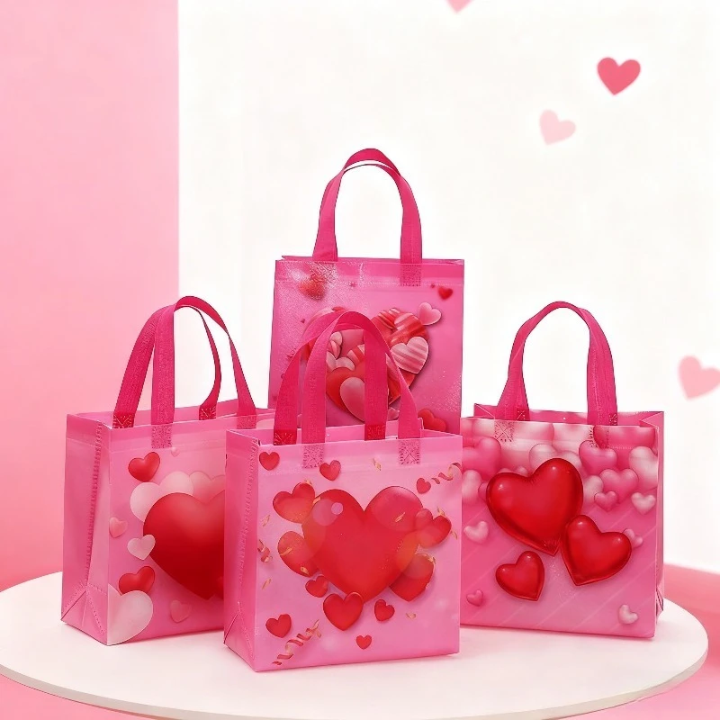 

Pink Heart Shaped Non-Woven Tote Bag with Handle for Valentine's Day Wedding Party Gift Foldable Reusable Handmade Shopping Bag