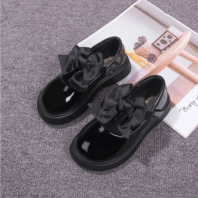 Black School Girl Shoes Fashion British Style Bowknot Thick Soled Children's Leather Shoes Autumn Versatile Kids Mary Jane Shoes