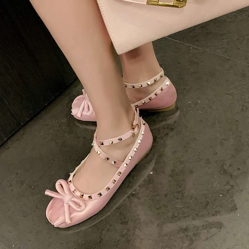 

Ballet Flats Elegant Bowtie Low Heel Basic Daily Flat Shoes Woman Round Toe Footwear Korea Style Satin Sweet Rivets Flats