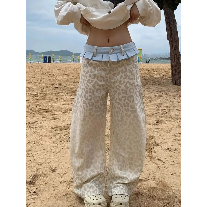 Deeptown Baggy Patchwork Leopard Pants Woman Y2k Harajuku High Waist Wide Leg Trousers Vintage Streetwear Fashion Pantalones